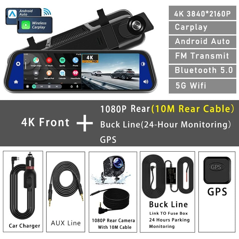 VisionDrive™ 4K Mirror Dash Cam — Wireless CarPlay & Android Auto