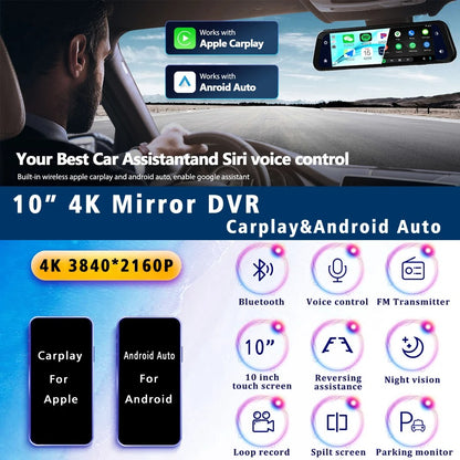 VisionDrive™ 4K Mirror Dash Cam — Wireless CarPlay & Android Auto