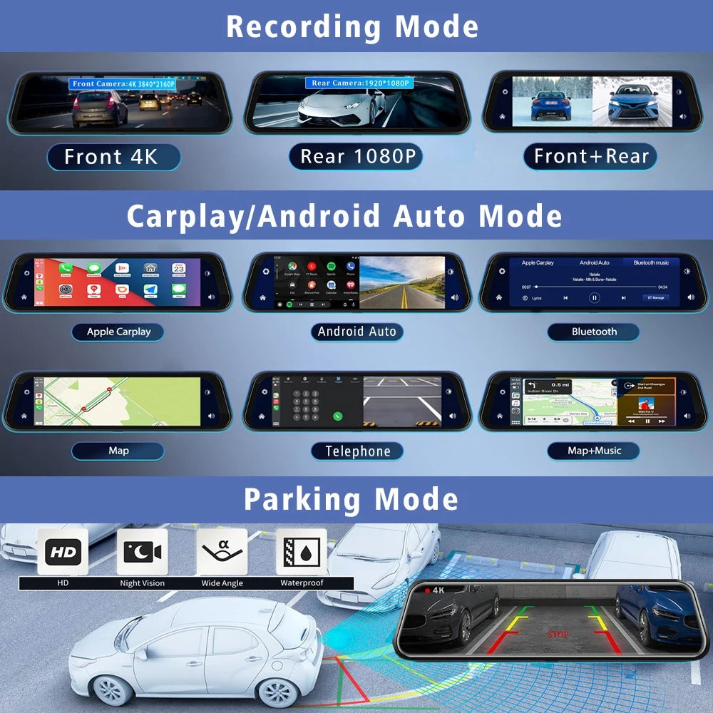 VisionDrive™ 4K Mirror Dash Cam — Wireless CarPlay & Android Auto