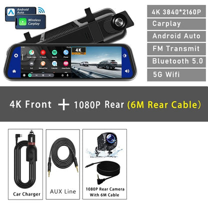 VisionDrive™ 4K Mirror Dash Cam — Wireless CarPlay & Android Auto