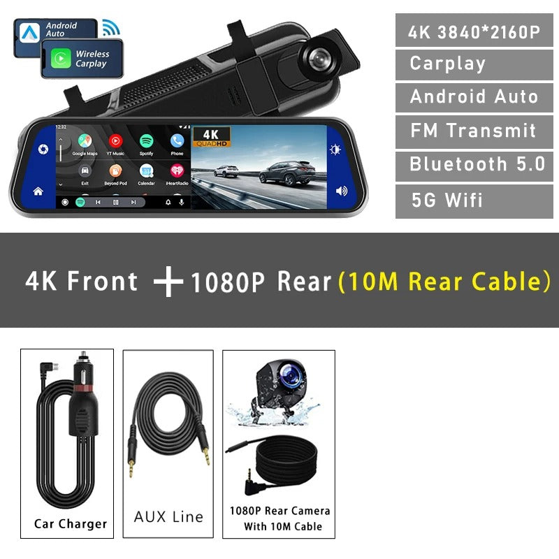 VisionDrive™ 4K Mirror Dash Cam — Wireless CarPlay & Android Auto