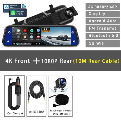 VisionDrive™ 4K Mirror Dash Cam — Wireless CarPlay & Android Auto